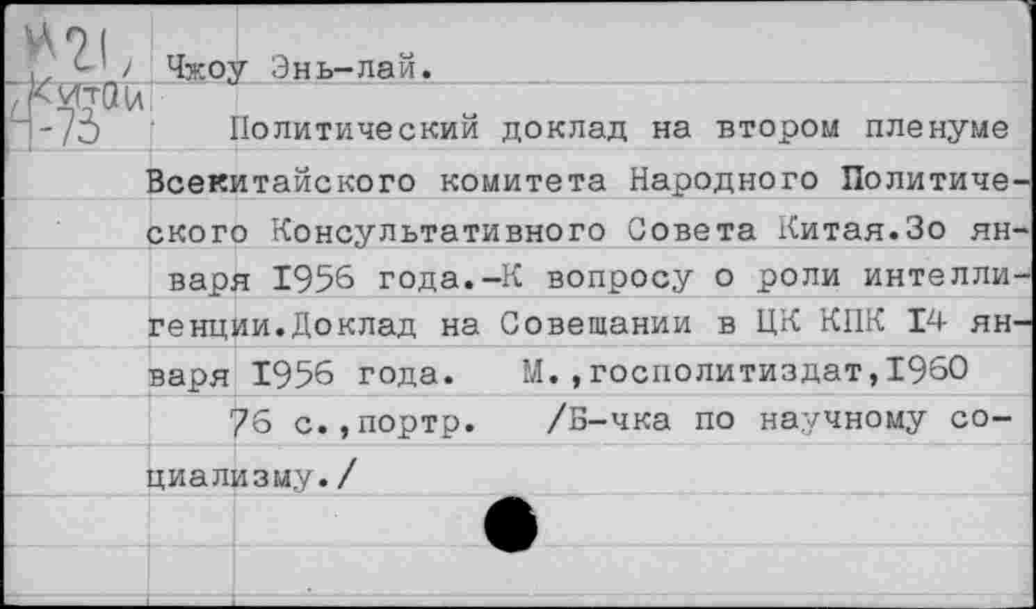 ﻿И?| п
.. е ! Чжоу Энь-лай
Политический доклад на втором пленуме Всекитайского комитета Народного Политиче-
ского Консультативного Совета Китая.Зо ян-
варя 1956 года.-К вопросу о роли интеллигенции. Доклад на Совещании в ЦК КПК 14 января 1956 года. М.»госполитиздат,1960
76 с.,портр. /Б-чка по научному со-
циализму. /